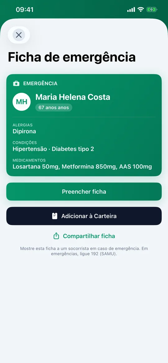 Ficha de emergência com tipo sanguíneo, alergias e contatos, com botão para a Apple Wallet