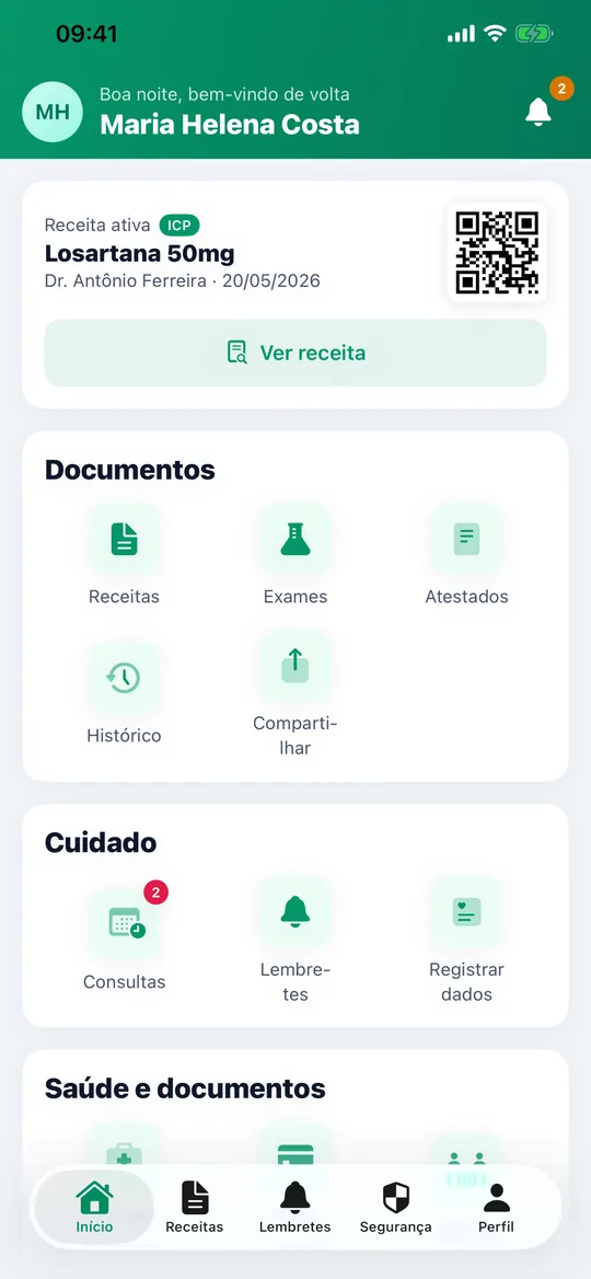 Tela inicial reunindo receitas, exames, lembretes e cuidado